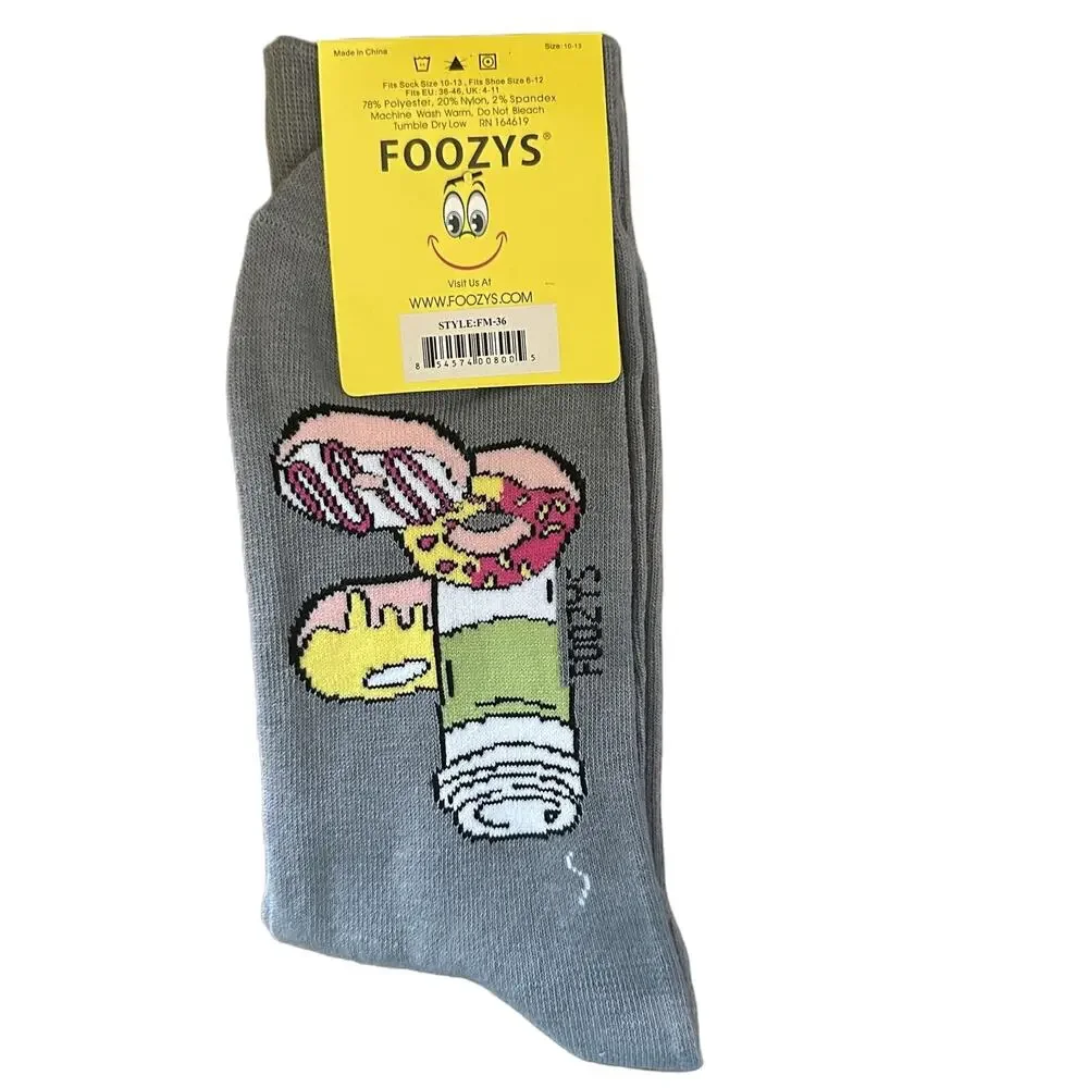 NWT Foozys Gray Coffee Donuts Patterned Crew Socks Men One Size